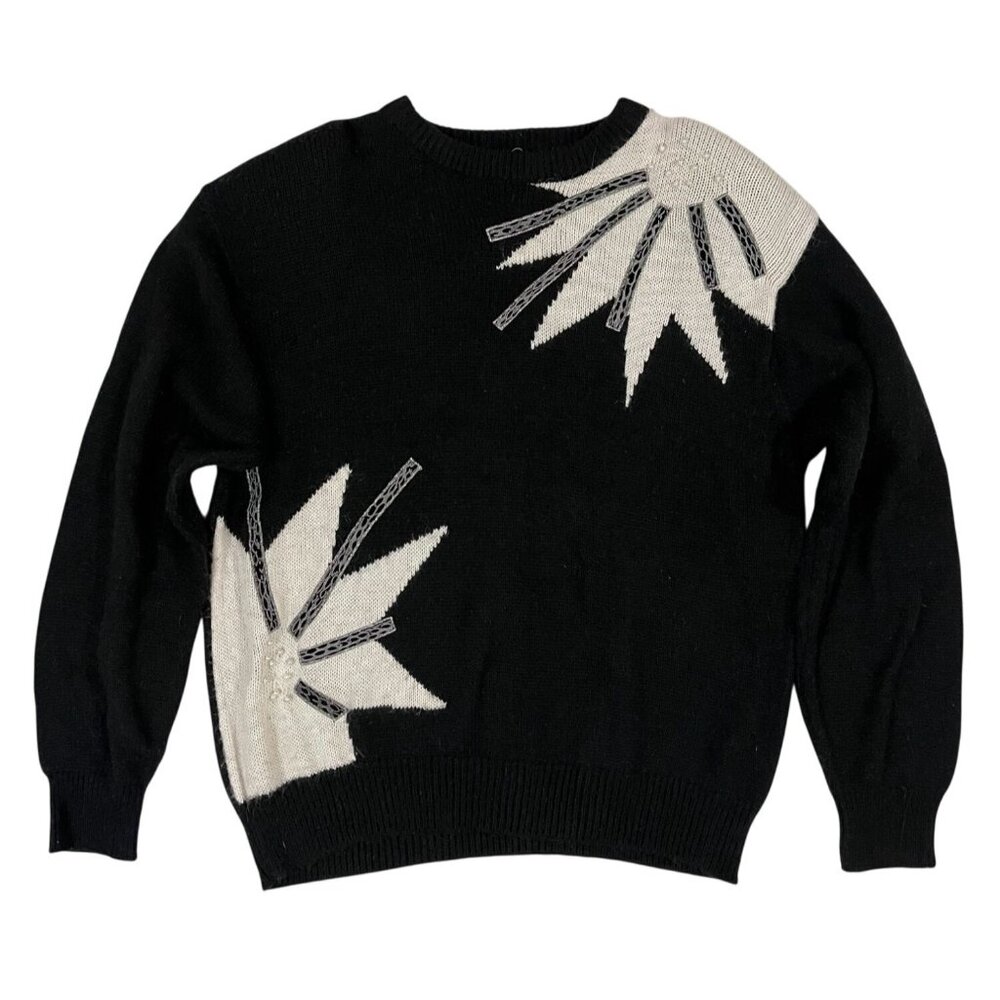 Vintage 80s Alfred Dunner Floral Applique Sweater Large Black & Cream